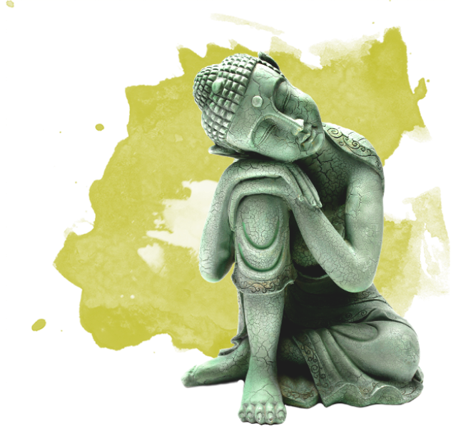 Grüne Buddha-Statue mit angewinkeltem Bein auf grünem Hintergrund
